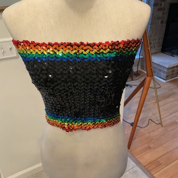 Vintage 70s Rainbow Sequin Tube Top - Picture 1 of 15